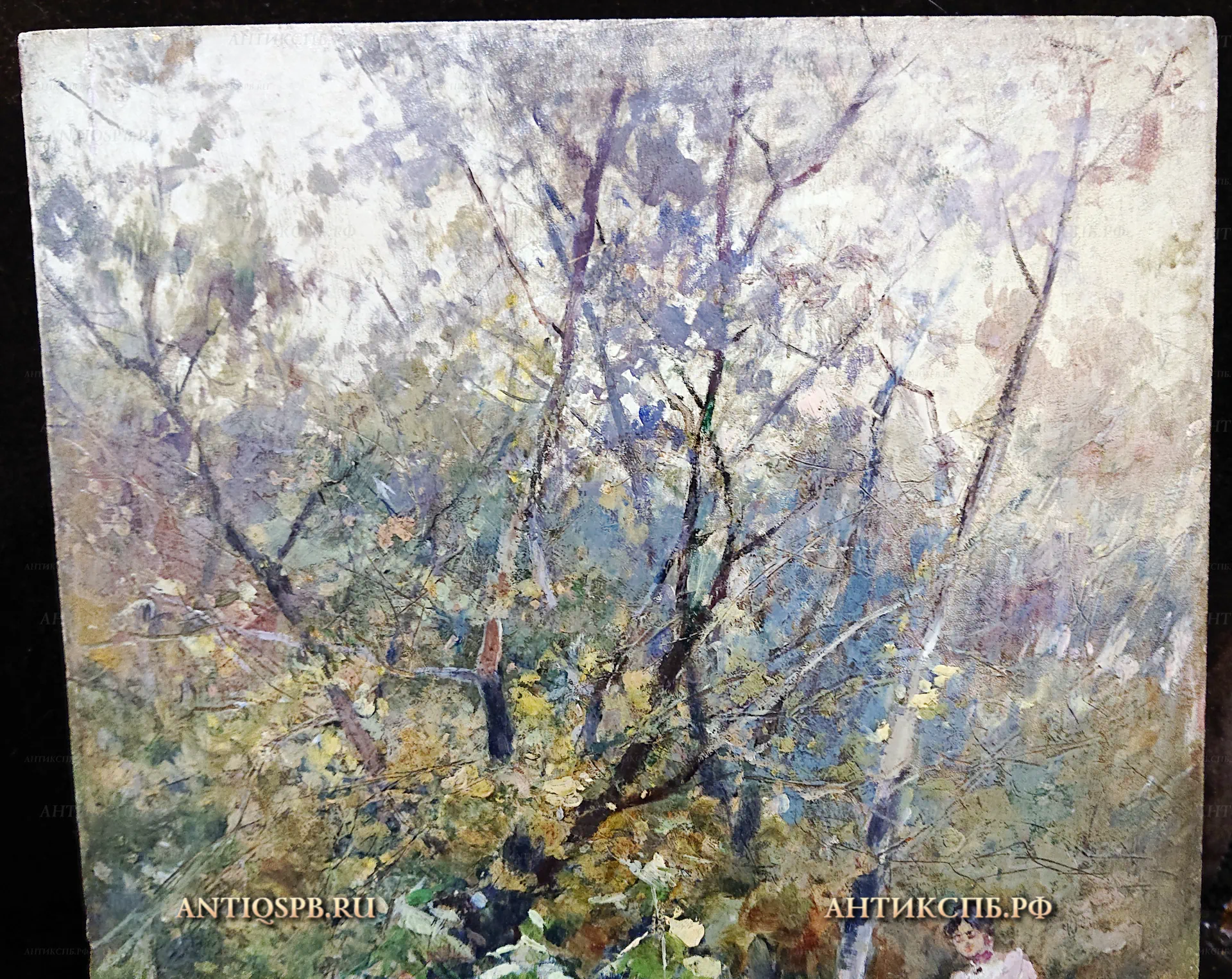 Картина старинная "Девушка в парке". Доска, масло. Нач. ХХ века. №21876
